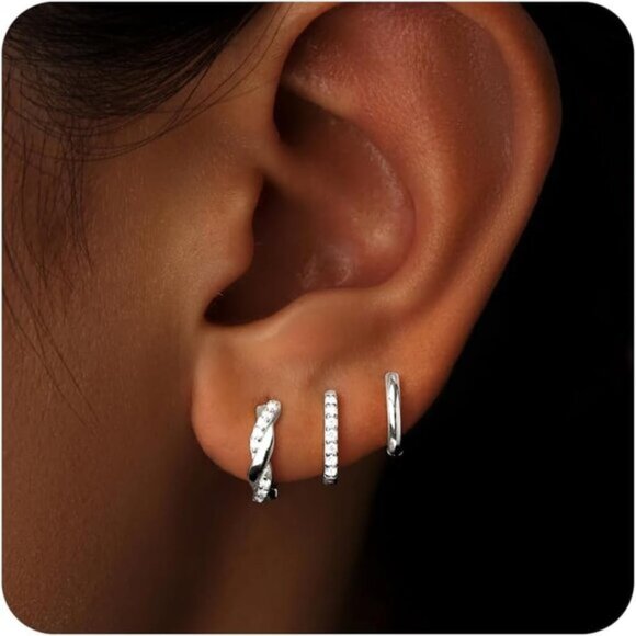 Women's Silver Twisted Hoop Multiple Piercing Cubic Zircon Jewelry Earrings - Picture 1 of 8